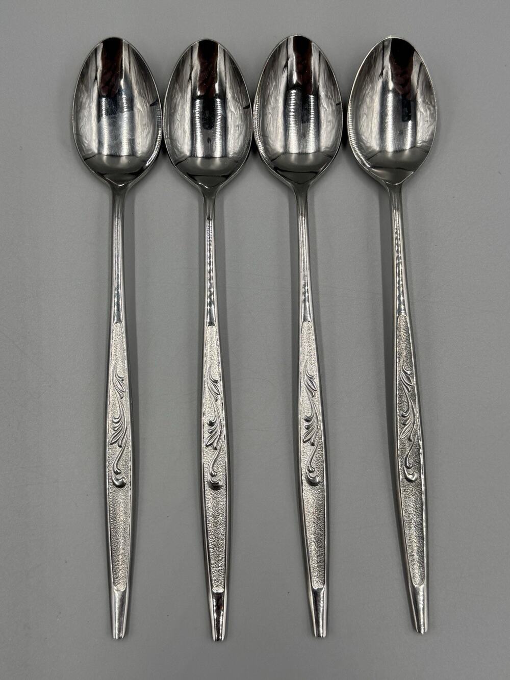Carlton Woodcrest Japan Stainless Iced Tea Spoons Lot Of 4 Carved Leaf Design